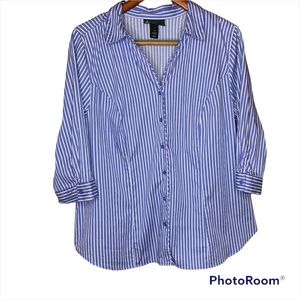 Lane Bryant V-Neck Blue & White Striped Button Down Shirt, Size 22